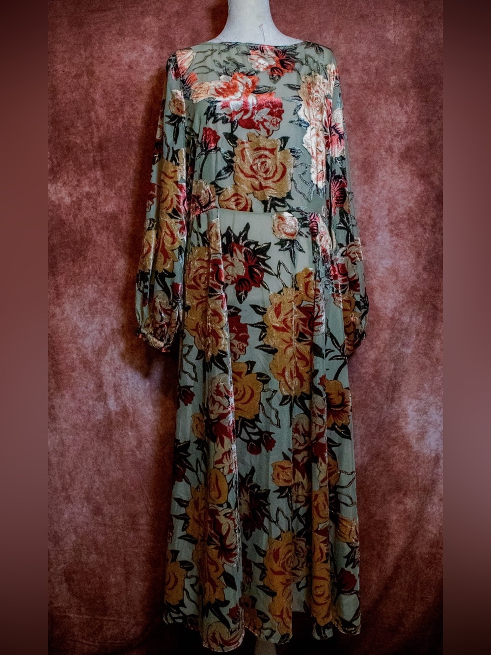 Soft Surroundings Sage Floral Maxi Dress with Yellow and Red Roses